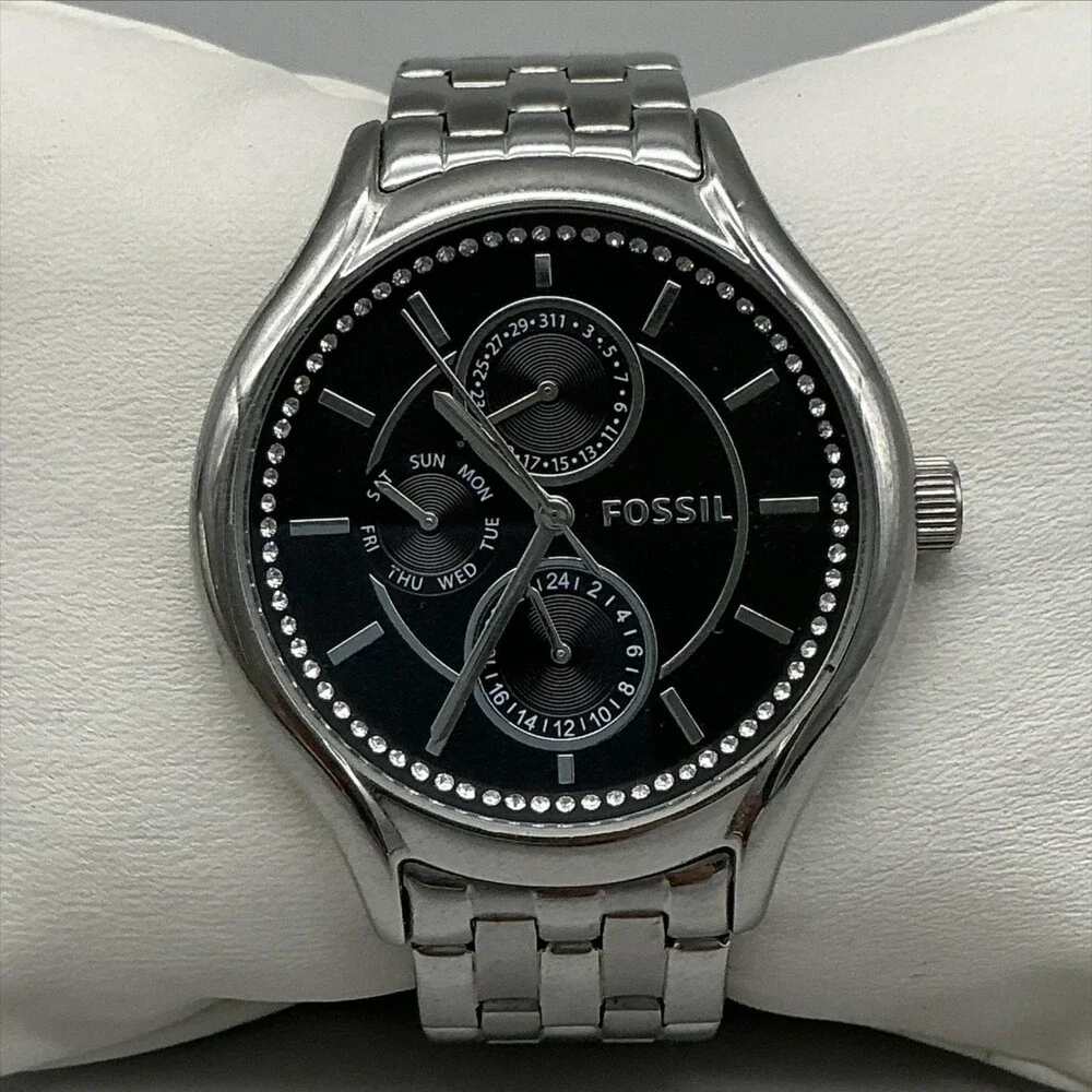 Fossil Day Dreamer Womens Watch 40mm Black Dial Crystals Day Date New Battery 6